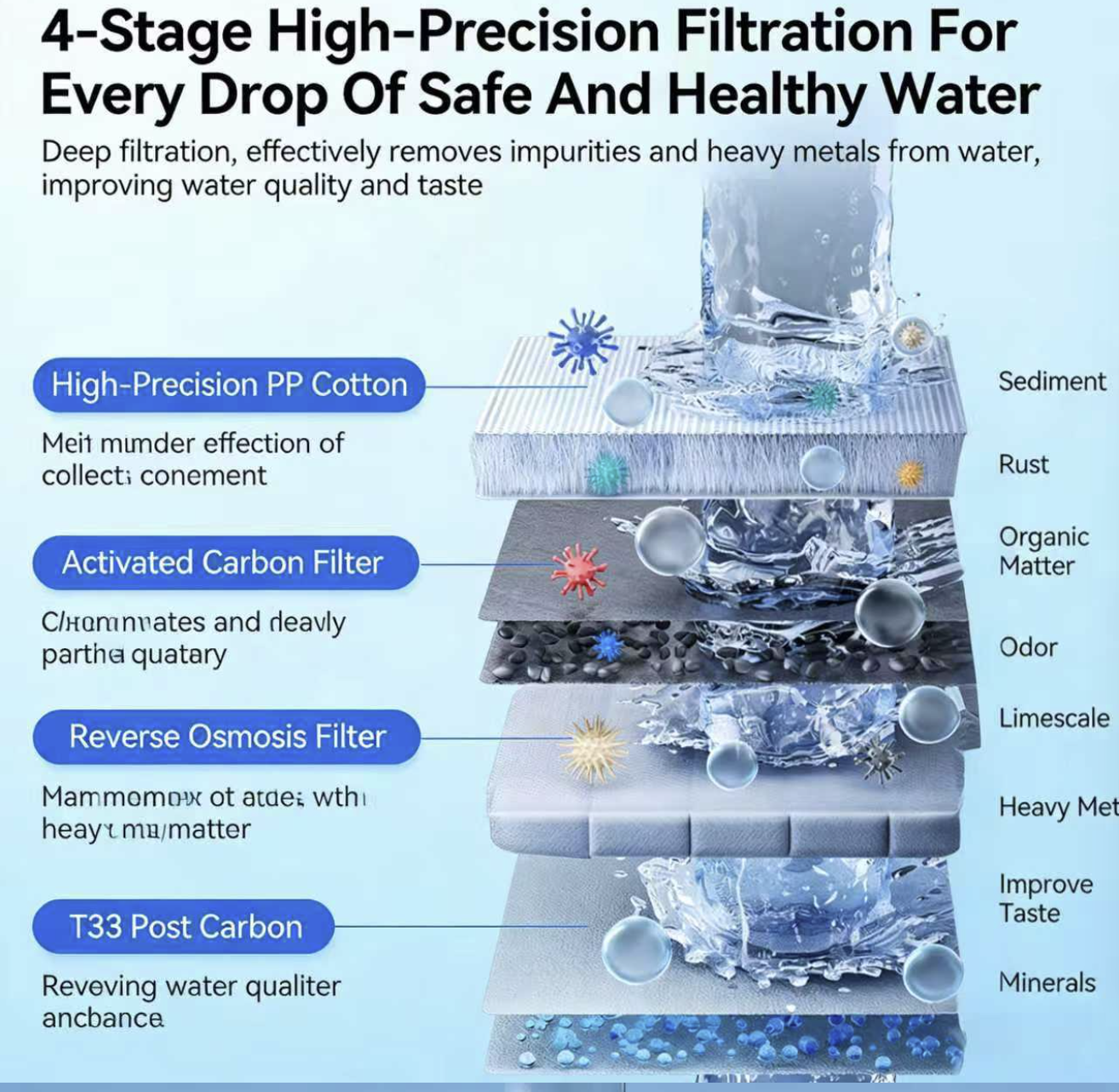 4-Stage water purifier with filter cartridge for household.